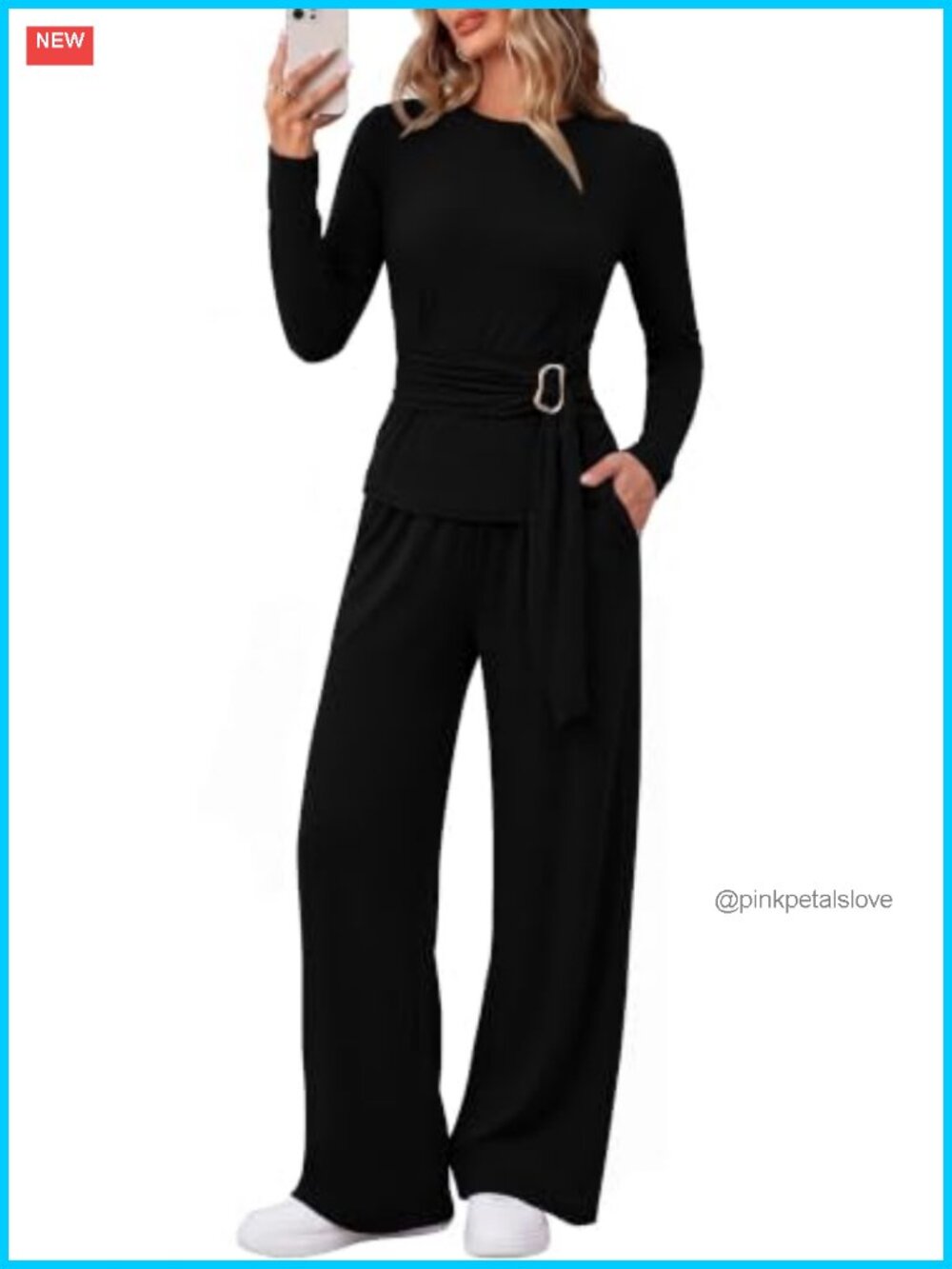 2 Piece Lounge Set Long Sleeve Belted Top Wide Leg Pants Knit Women's